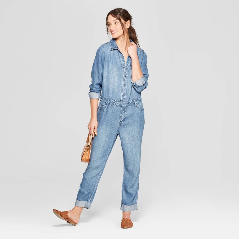 Long Sleeve Crewneck Denim Wide Leg Jumpsuit Size2